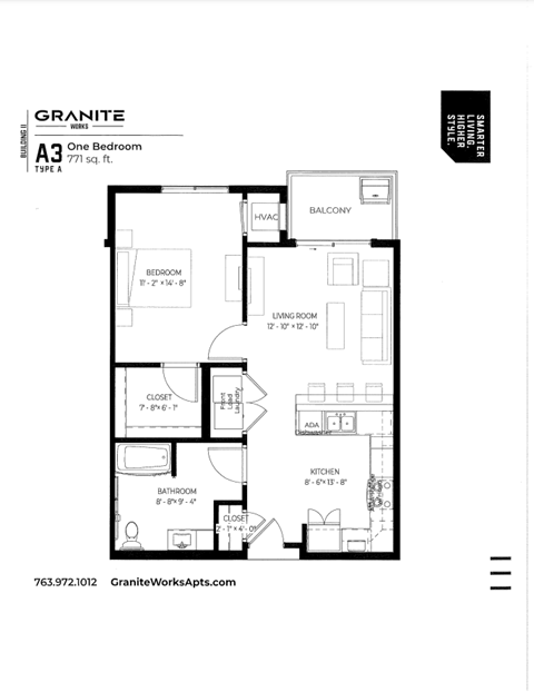 Floor plan for 1 bed, 1 bath, 771 sqft